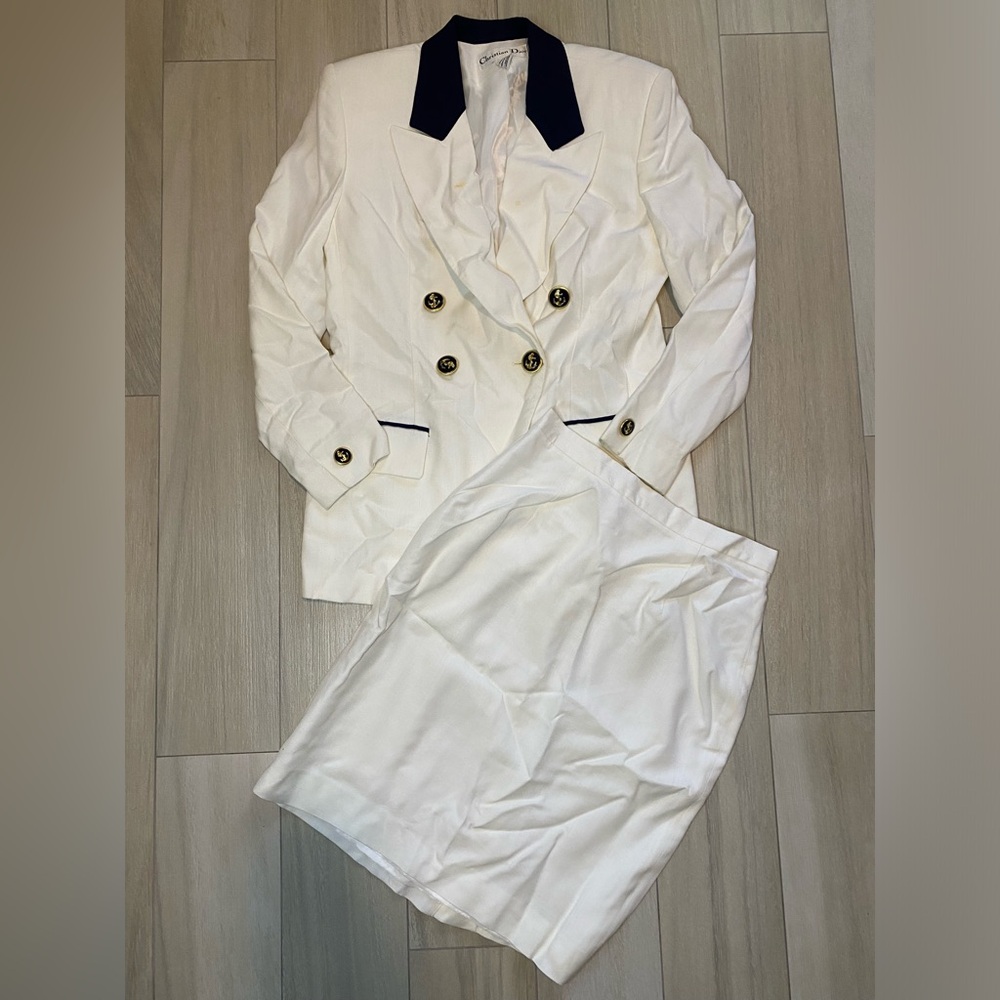 Christian Dior vintage white blue blazer pencil skirt nautical suit women’s 8